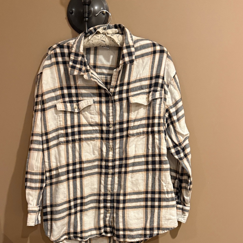 Old Navy Plaid Button Down Shirt - Cream and Black